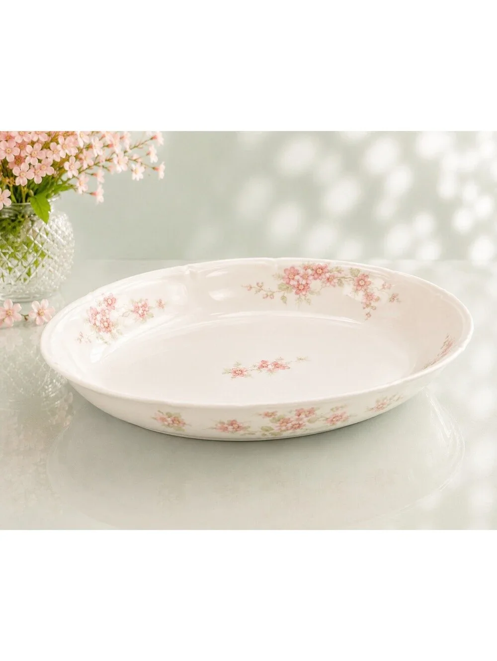 O&EG Royal Austria 1900s Pink Floral Porcelain Oval Serving Bowl, 9.5x7x2”